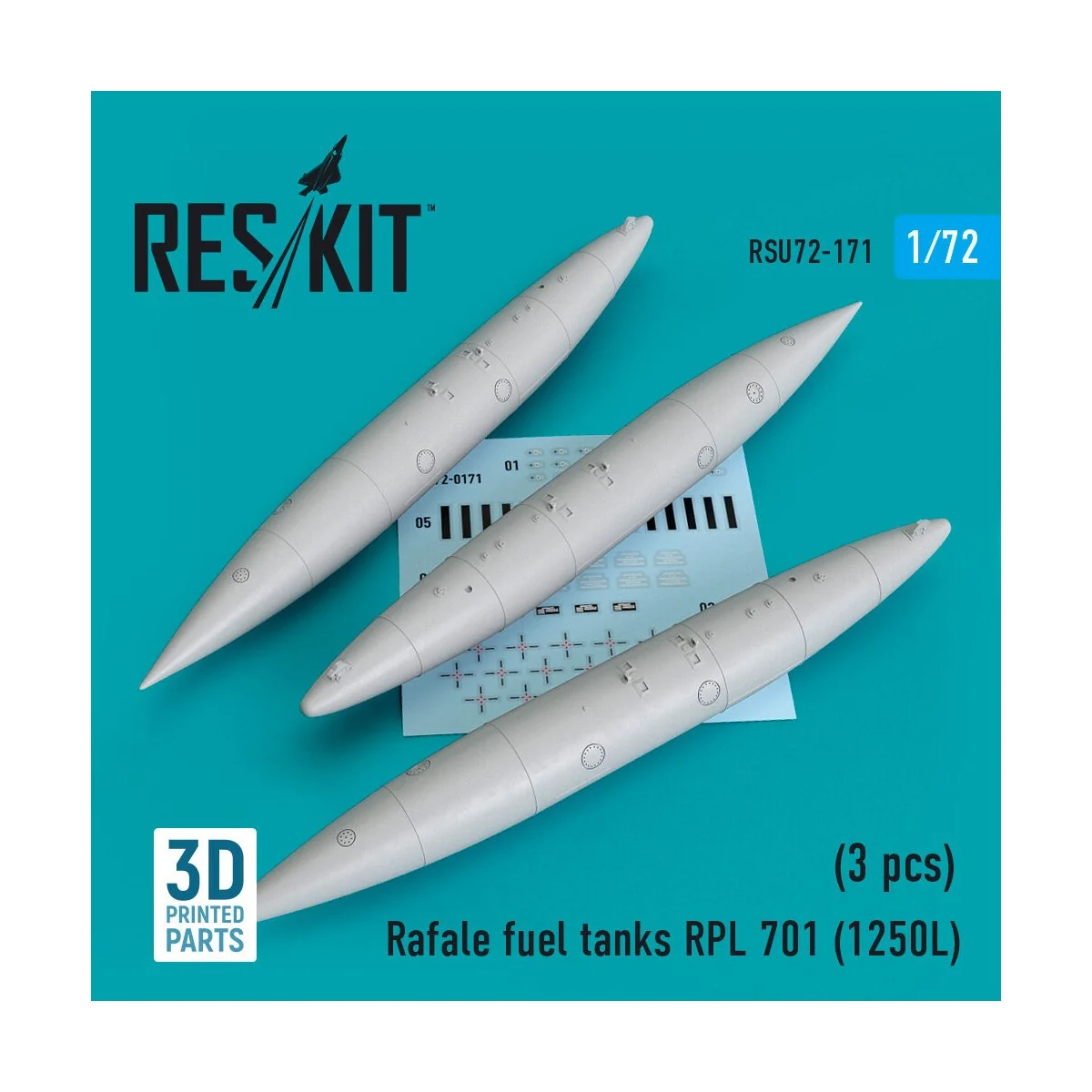 Rafale fuel tanks RPL 701 (1250L) (3 pcs) (3D Printed) - ResKit Mod...