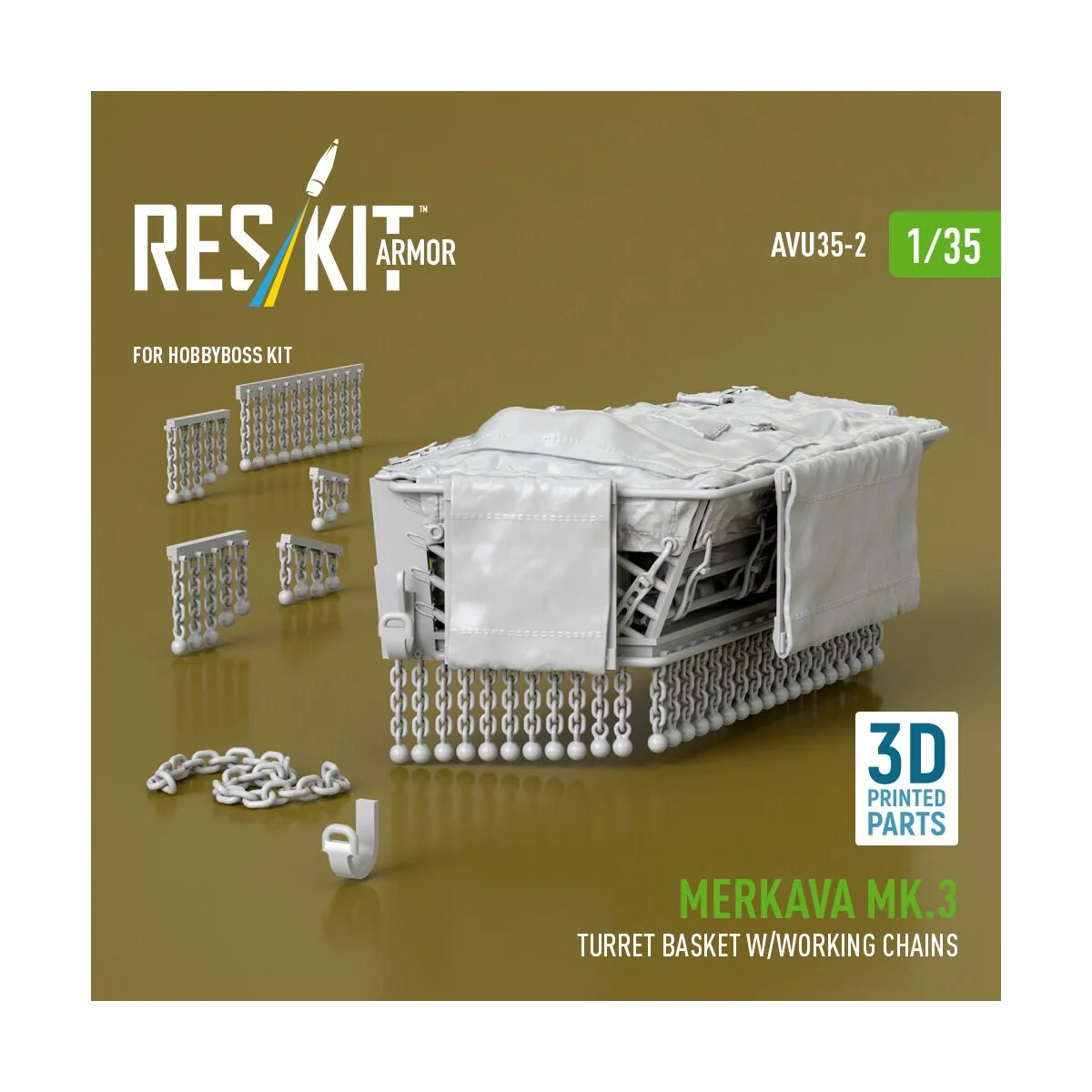 Merkava Mk.3 turret basket w/working chains for HobbyBoss kit (3D P...
