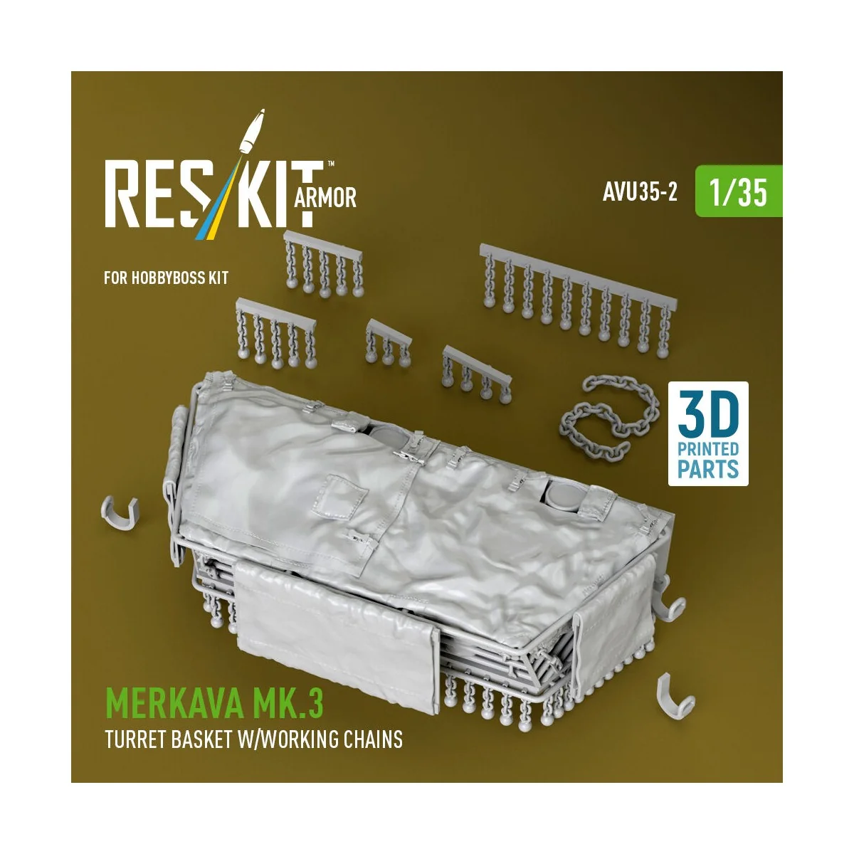 Merkava Mk.3 turret basket w/working chains for HobbyBoss kit (3D P...