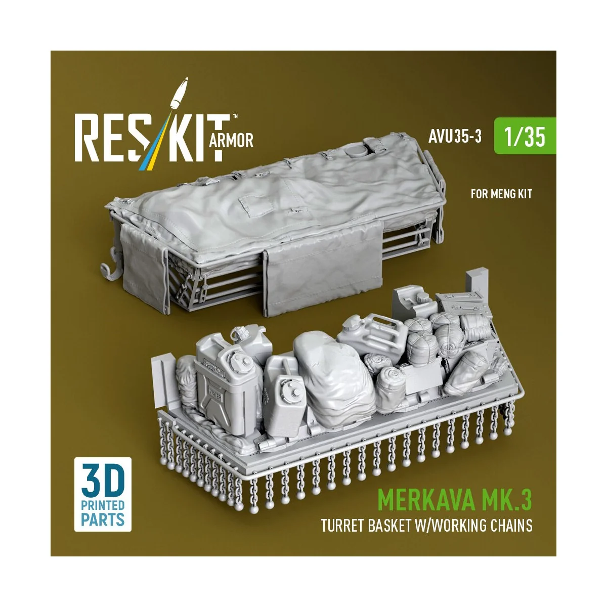Merkava Mk.3 turret basket w/working chains for Meng kit (3D Printe...