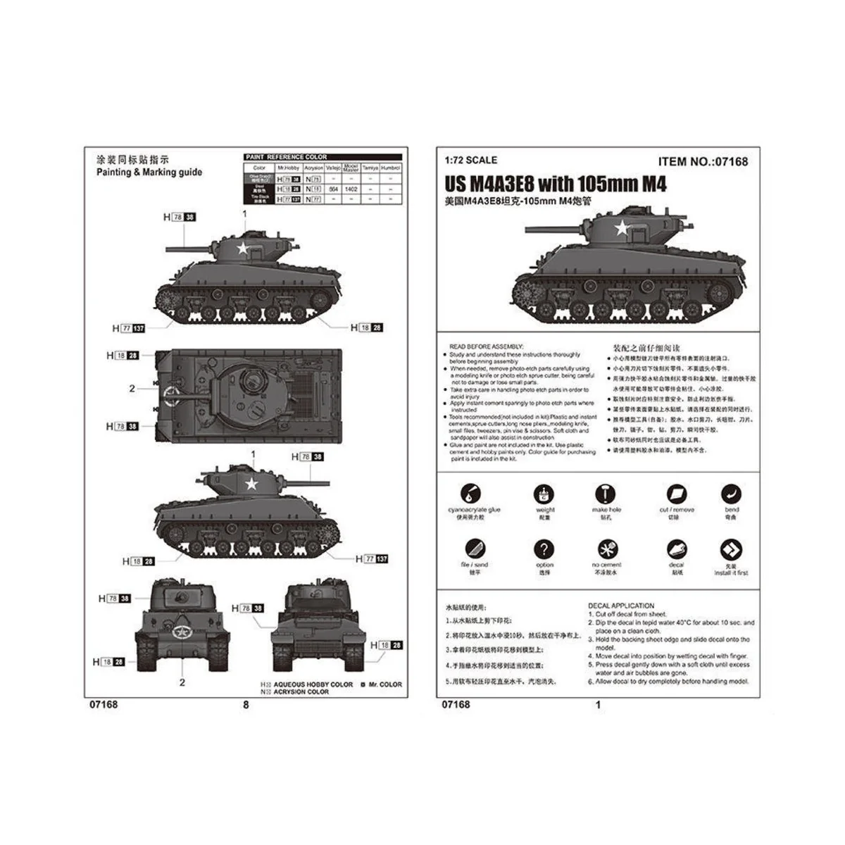 US M4A3E8 with 105mm M4, 1/72 - Trumpeter 07168