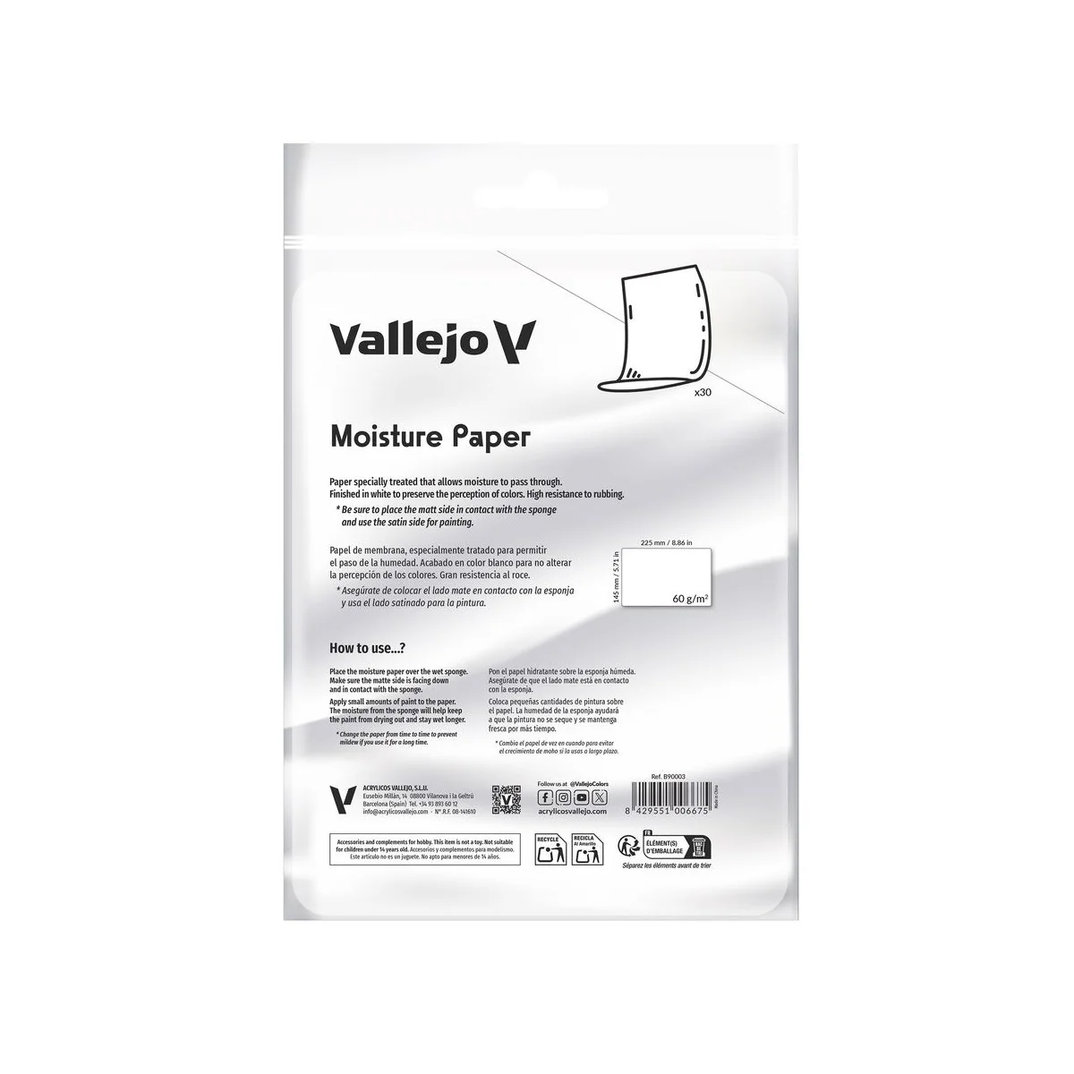 30 Sheets of moisture paper (225 x 145 mm) 60gr - Vallejo B90003 30 Sheets of moisture paper (225 x 145 mm) 60gr - Vallejo B90003