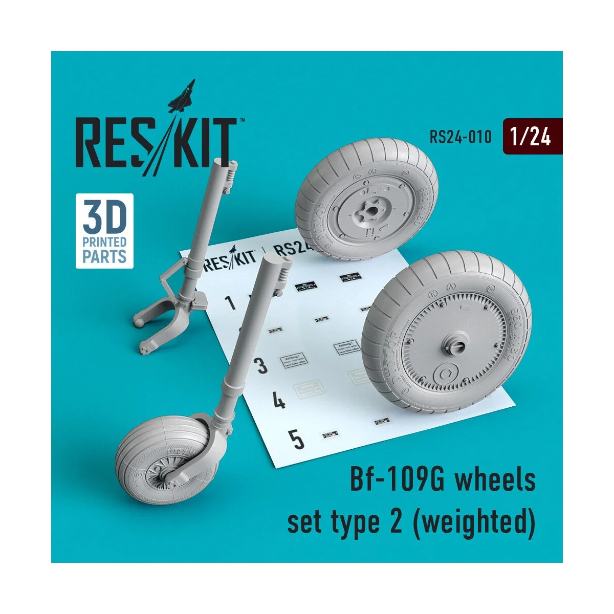 Bf-109G wheels set type 2 (weighted), 1/24 - ResKit Models RS24-0010