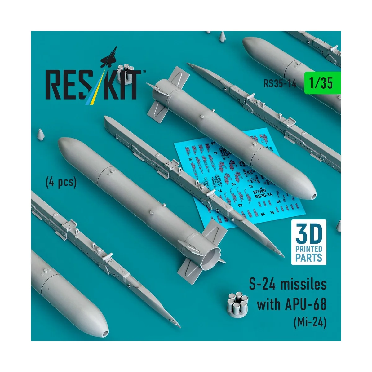 S-24 missiles with APU-68 (4 pcs) (Mi-24) (3D Printed), 1/35 - ResK...
