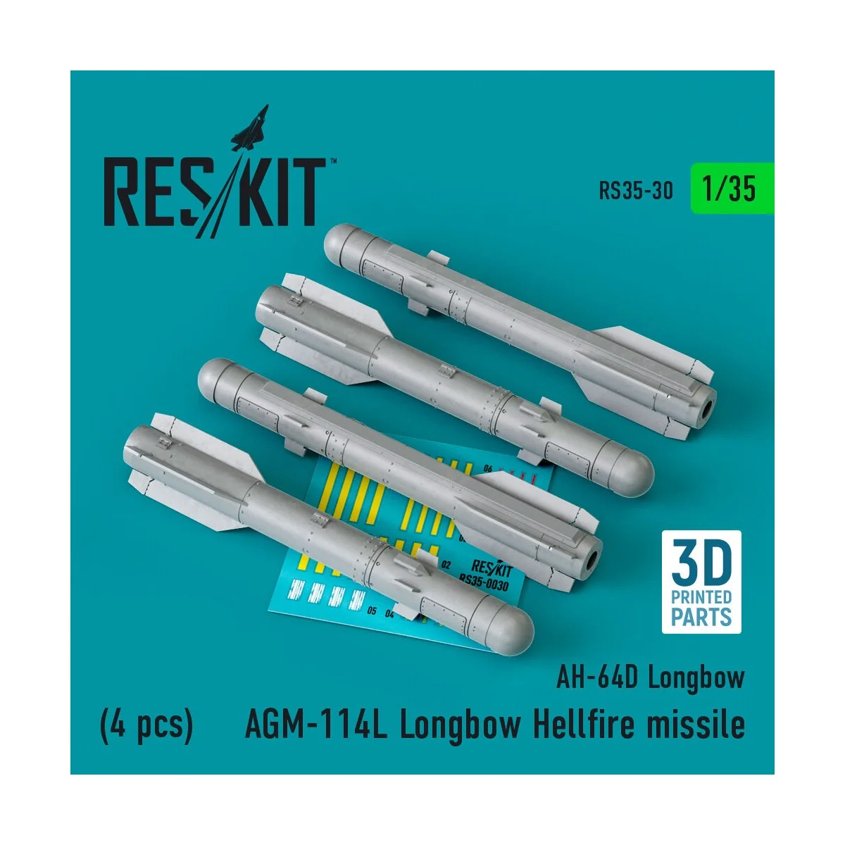 AGM-114L Longbow Hellfire missiles (4 pcs)(AH-64D Longbow) (3D Prin...