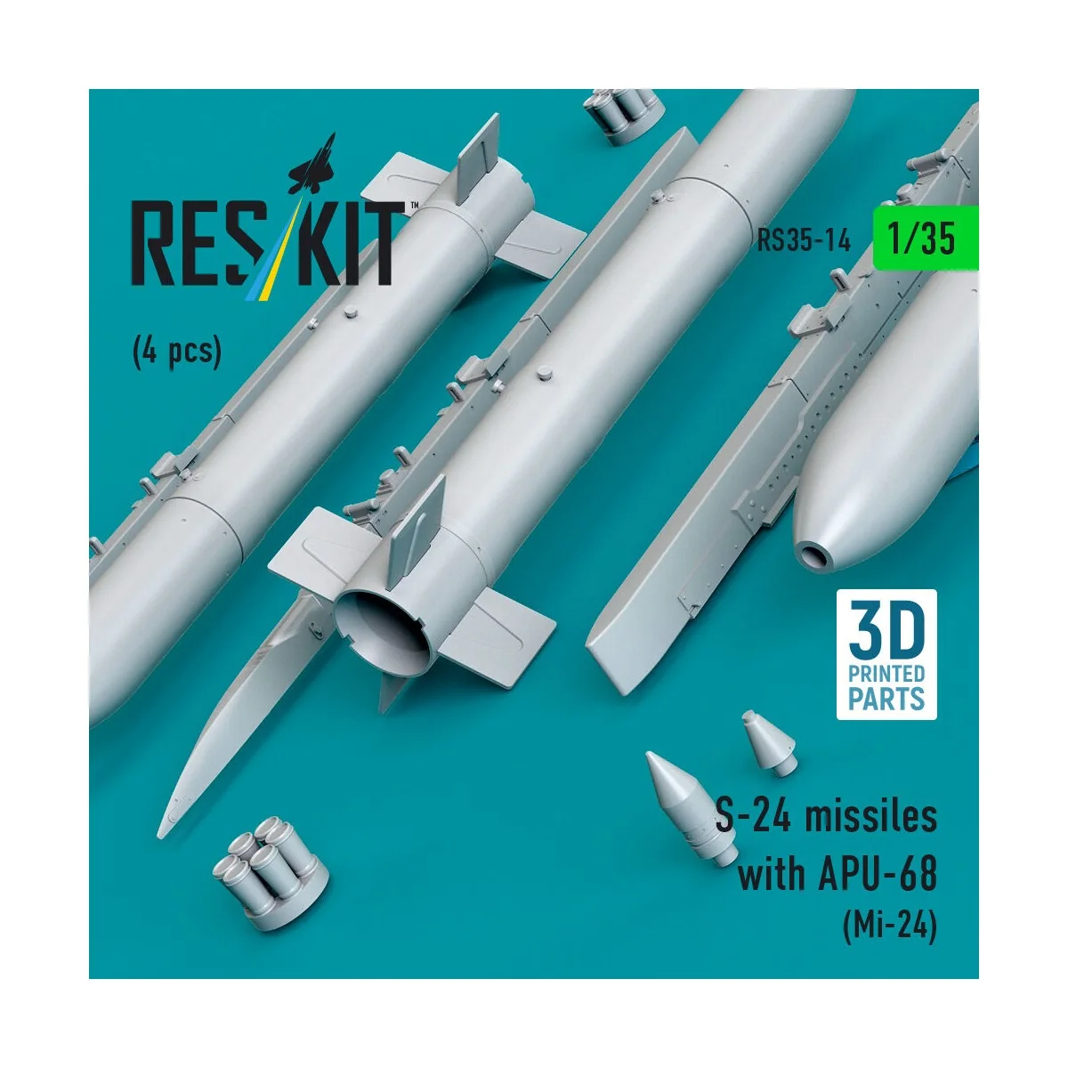 S-24 missiles with APU-68 (4 pcs) (Mi-24) (3D Printed), 1/35 - ResK...