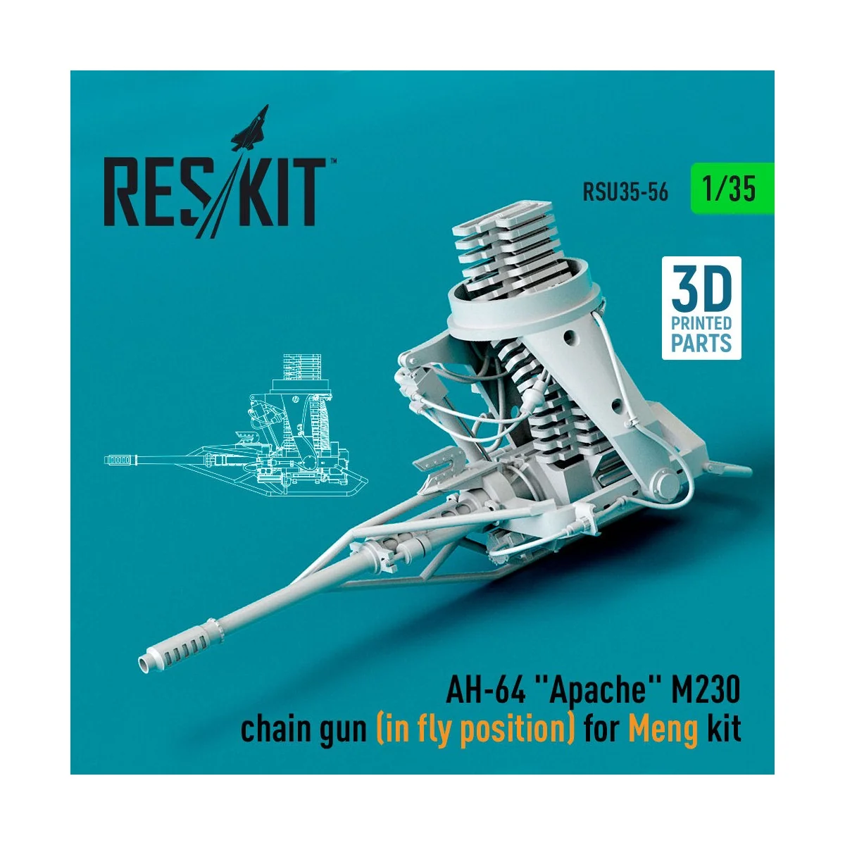 AH-64 Apache M230 chain gun (in fly position) for Meng kit (3D Prin...
