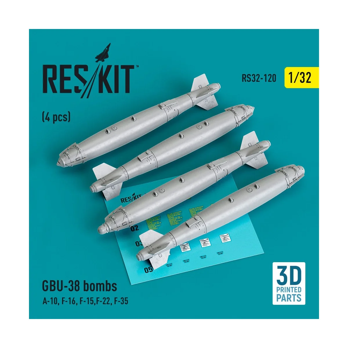 GBU-38 bombs (4 pcs) (A-10, F-16, F-15,F-22, F-35) (3D Printed) 1/3...