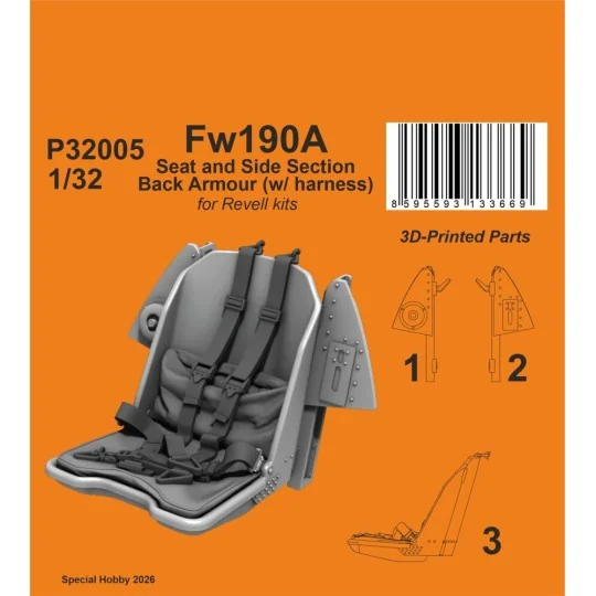 Fw190A Seat and Side Section Back Armour (w/ harness) for Revell, 1...