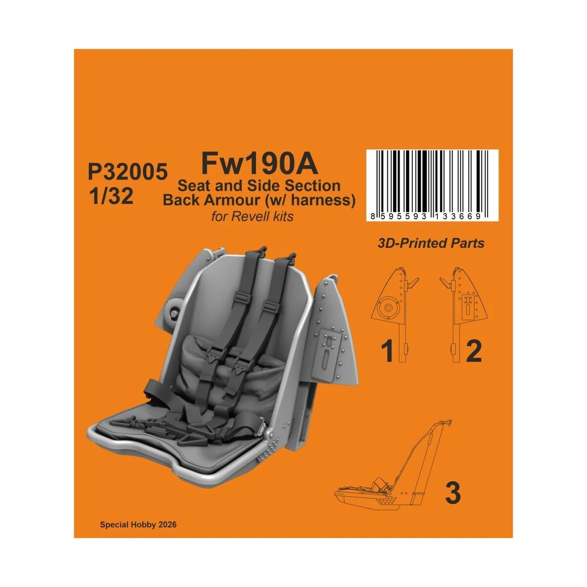 Fw190A Seat and Side Section Back Armour (w/ harness) for Revell, 1...