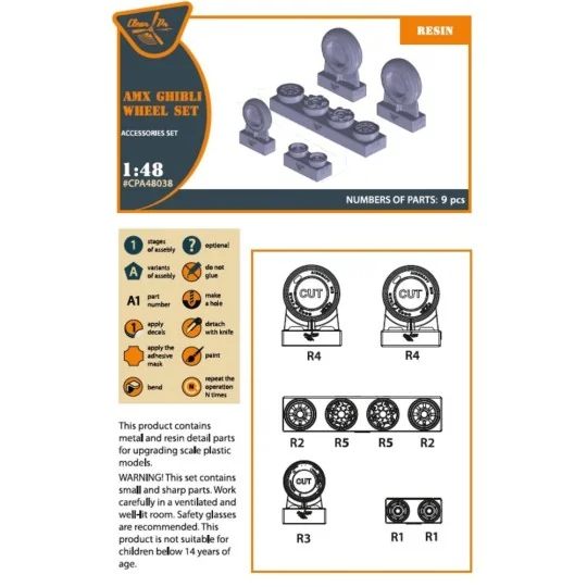 AMX Ghibli wheel set for Kinetic, HobbyBoss kits, 1/48 - Clear Prop...