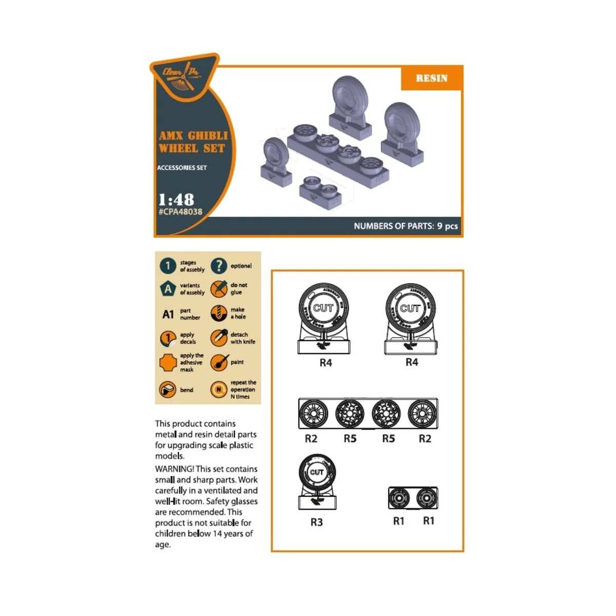 AMX Ghibli wheel set for Kinetic, HobbyBoss kits, 1/48 - Clear Prop...