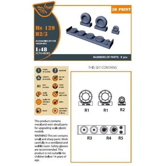 Hs 129B2/3 Wheels set (weighted) for Takom kit, 1/48 - Clear Prop A...