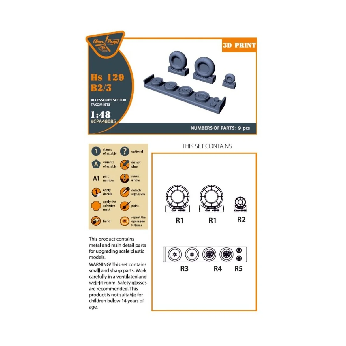 Hs 129B2/3 Wheels set (weighted) for Takom kit, 1/48 - Clear Prop A...
