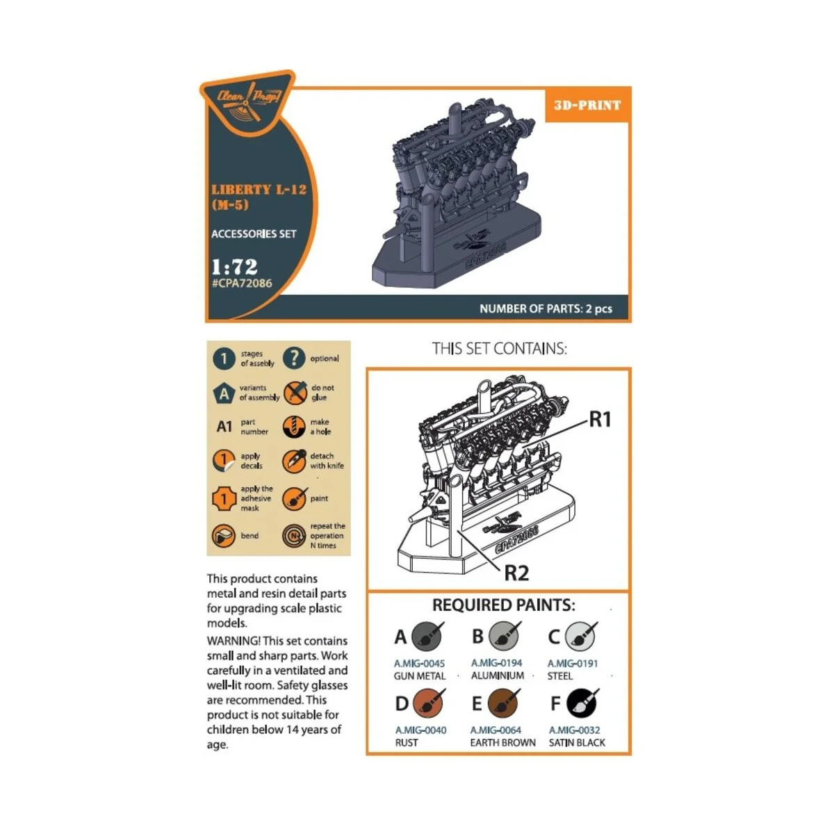 Liberty L-12 engine set 3D print, 1/72 - Clear Prop Accessories CPA...