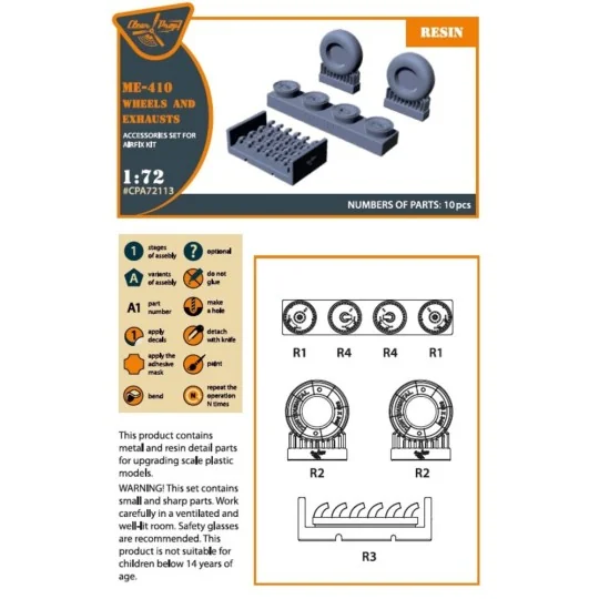Me-410 B-1/U2/U4/R4 wheel set and exhausts for Airfix kit, 1/72 - C... Me-410 B-1/U2/U4/R4 wheel set and exhausts for Airfix kit, 1/72 - C...