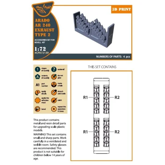 Arado Ar-240 exhausts type 2 for REVELL kit, 1/72 - Clear Prop Acce...