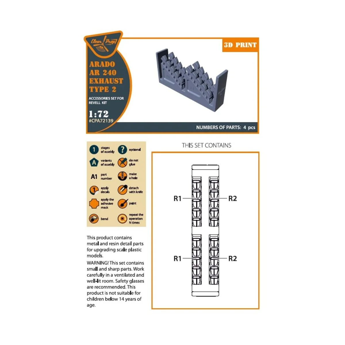 Arado Ar-240 exhausts type 2 for REVELL kit, 1/72 - Clear Prop Acce...