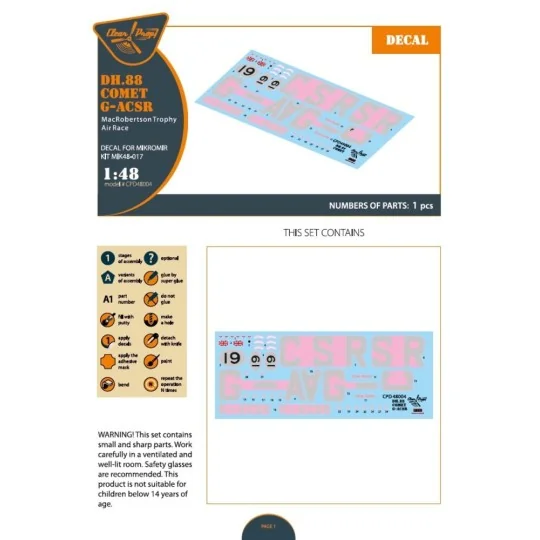 DH.88 Comet G-ACSR MacRobertson Trophy Air Race Decal for Mikromir ... DH.88 Comet G-ACSR MacRobertson Trophy Air Race Decal for Mikromir ...