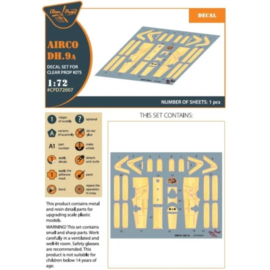 Airco DH.9a decal set for CP kits, 1/72 - Clear Prop Accessories CP...