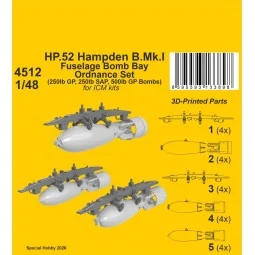 HP.52 Hampden B.Mk.I - Fuselage Bomb Bay Ordnance Set for ICM, 1/48...