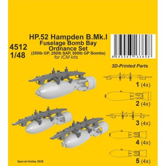 HP.52 Hampden B.Mk.I - Fuselage Bomb Bay Ordnance Set for ICM, 1/48...