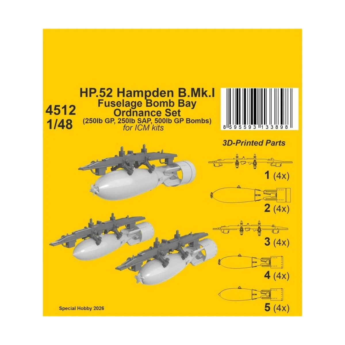 HP.52 Hampden B.Mk.I - Fuselage Bomb Bay Ordnance Set for ICM, 1/48...